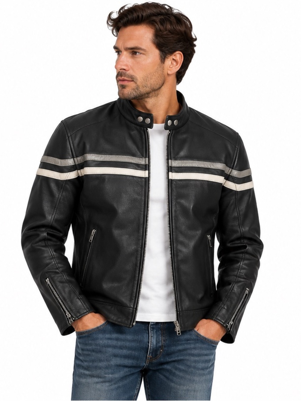 Screaming Eagle Leather Cafe Racer Jacket XL Black Double Stripe Moto Biker